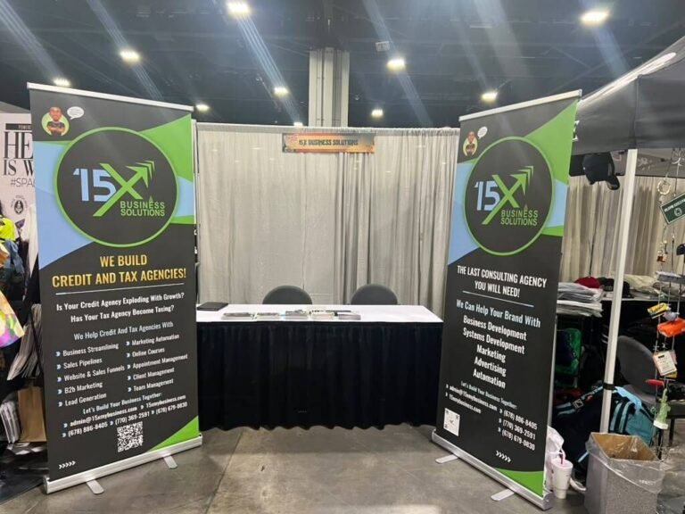 Two retractable banner stands at a trade show booth